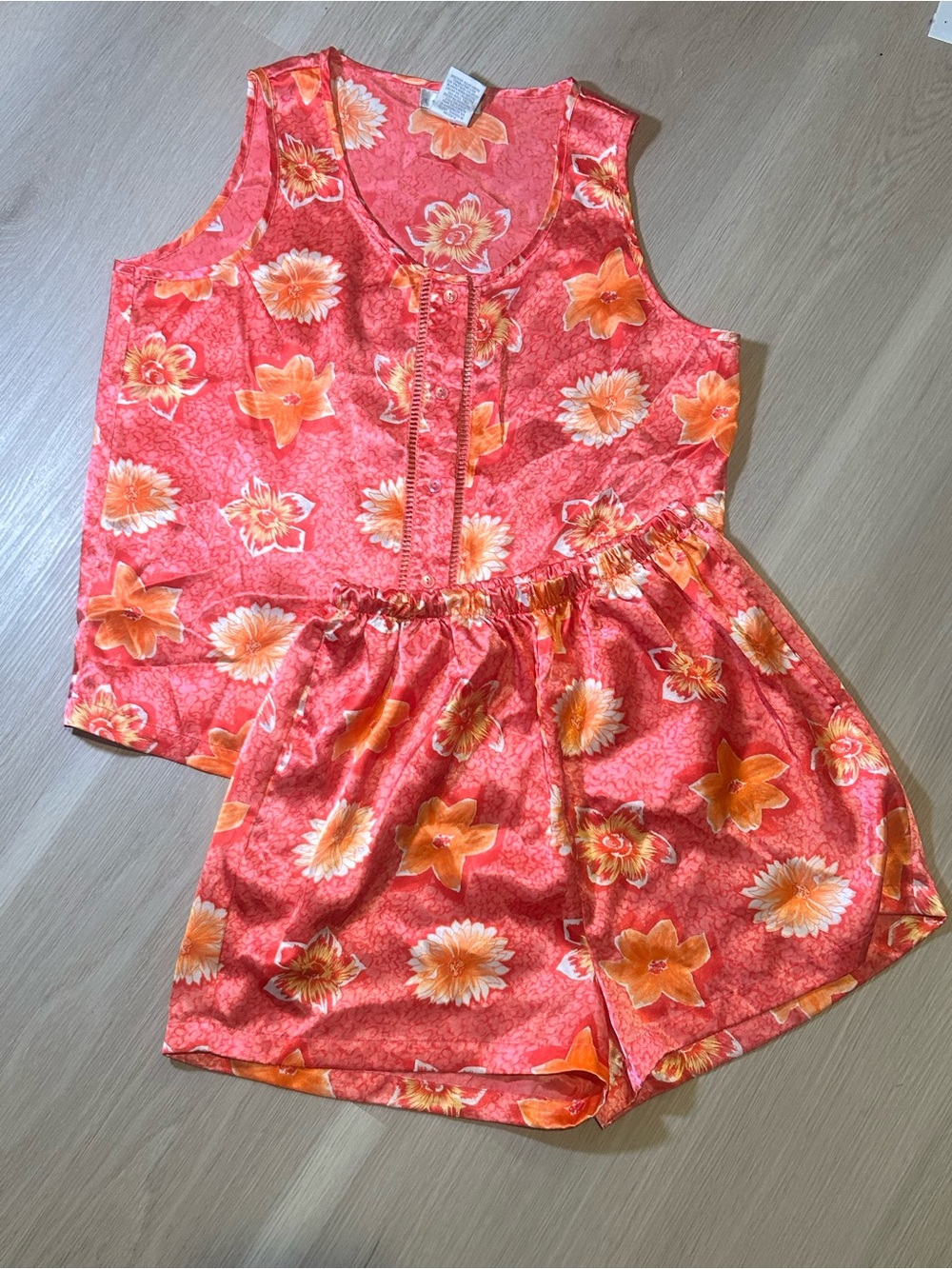 ✨ Vintage 90s Esleep Pink Floral Satin Pajama Set L